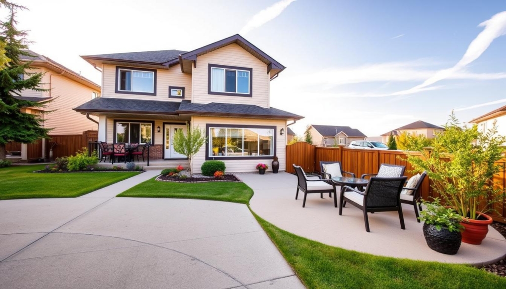A well-manicured Calgary property with an inviting front yard and a modern, two-story facade. The home features a freshly painted exterior, new windows, and a neatly landscaped garden. In the foreground, a well-maintained driveway leads to a detached garage. The middle ground showcases a spacious patio with comfortable outdoor furniture, complemented by lush greenery and potted plants. The background depicts a clear, sunny sky with a few wispy clouds, creating a warm and welcoming atmosphere. The overall composition emphasizes the property's enhanced curb appeal and increased rental value.