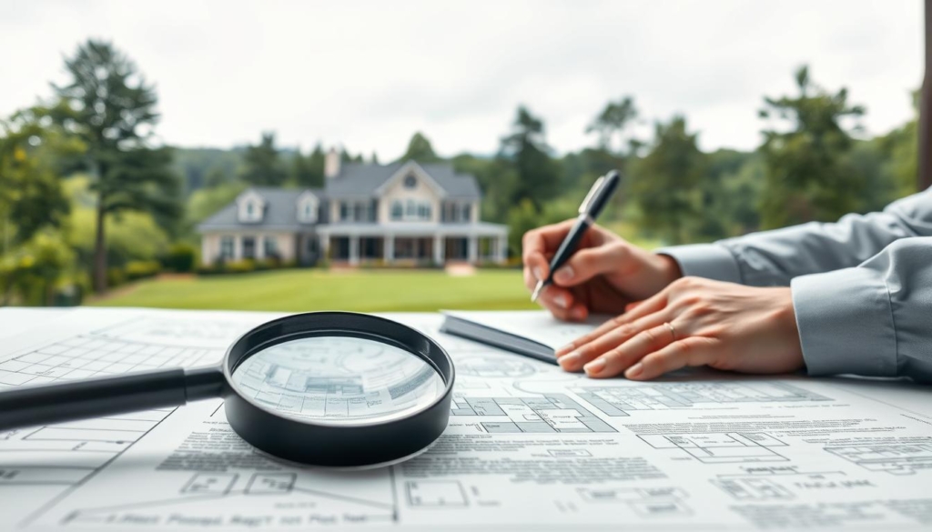 An elegant real estate asset protection plan unfolds like an architectural blueprint, with carefully layered safeguards shielding a sprawling property from risk. In the foreground, a magnifying glass inspects fine print, while in the middle ground, a skilled hand drafts legal documents amidst a tidy desk. The background reveals a tranquil home nestled within a lush, verdant landscape, its foundation reinforced by strategic financial planning. Soft, diffused lighting casts a sense of calm over the scene, as if to convey the peace of mind that comes with comprehensive asset protection. The composition is balanced, the mood professional yet approachable, inviting the viewer to consider the importance of safeguarding one's real estate investments.