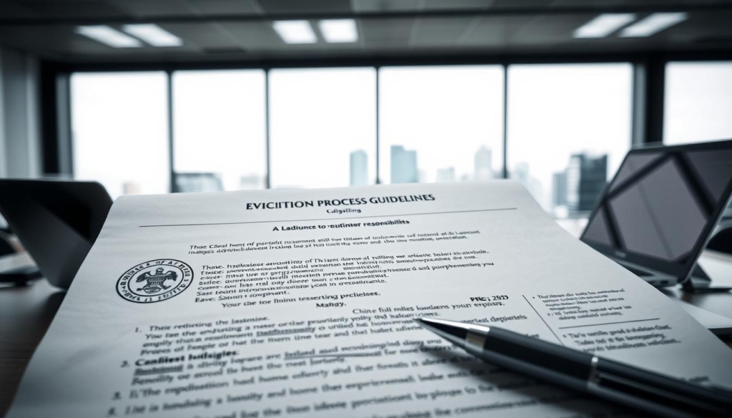 Eviction process guidelines: a detailed blueprint for landlord responsibilities in Calgary. Foreground depicts a formal document with crisp, monochrome text and official seals. Middleground showcases a modern office desk with a laptop, pen, and paperwork. Background features a city skyline, conveying the professional, municipal setting. Lighting is soft, indirect, with a subtle emphasis on the document's details. Camera angle is slightly elevated, conveying a sense of authority and gravitas. The overall mood is one of authoritative information, precision, and responsible property management.