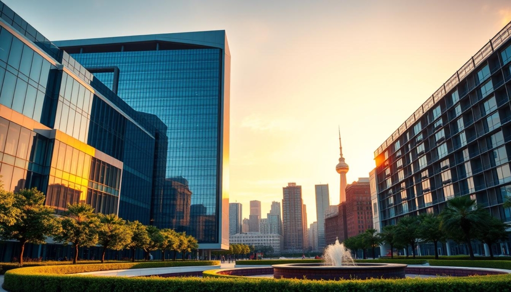 A modern commercial building set against a vibrant city skyline, bathed in warm, golden afternoon light. The structure features sleek glass facades, sharp angles, and a mix of materials like steel and concrete. In the foreground, a well-manicured landscape with lush greenery and a water feature, conveying a sense of prestige and sophistication. The image captures the key factors influencing the value of commercial real estate - prime location, architectural design, and high-quality amenities that attract top-tier tenants and investors.