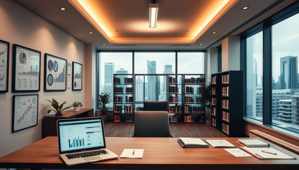 A modern commercial property valuation office, filled with a hybrid of traditional and cutting-edge appraisal methods. In the foreground, a desk with a laptop displaying financial models and data visualizations. On the walls, framed diagrams and charts illustrate the integration of market, income, and cost approaches. Bookshelves line the middle ground, containing volumes on real estate economics and valuation techniques. Warm, directional lighting from overhead fixtures casts a professional ambiance, while large windows in the background provide a view of the city skyline, hinting at the broader market context. An atmosphere of analytical rigor and technological innovation pervades the scene.