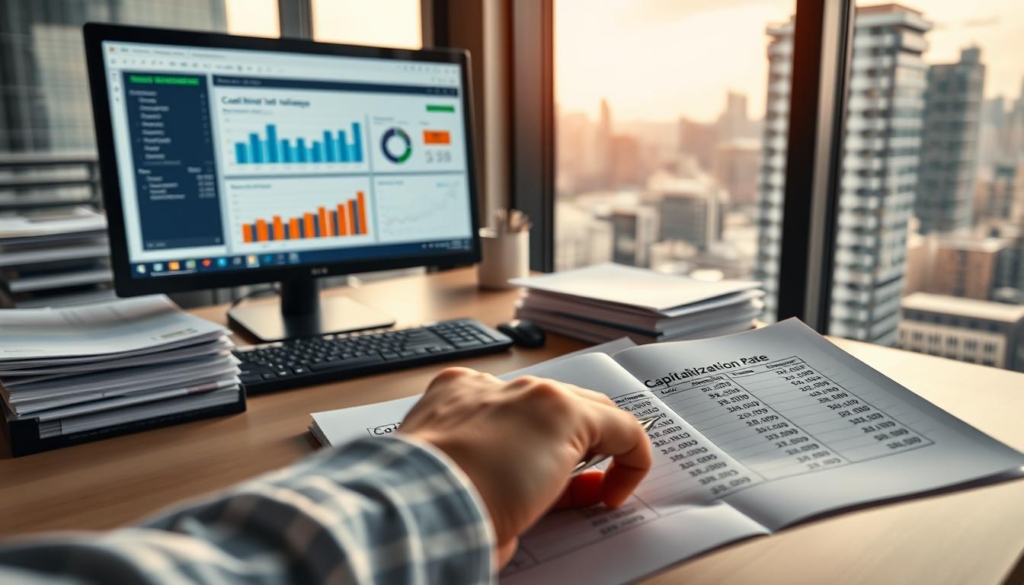 A modern office setting with a professional desk, a computer monitor displaying a financial analysis dashboard, and a stack of neatly organized documents. In the foreground, a hand holds a pen, poised to make notes on a spreadsheet depicting a capitalization rate calculation. Soft, warm lighting illuminates the scene, creating a contemplative atmosphere. The background features a large window overlooking a bustling cityscape, symbolizing the connection between real estate valuation and the broader economic landscape. Captured with a shallow depth of field, creating a focus on the key elements of the capitalization rate valuation process.