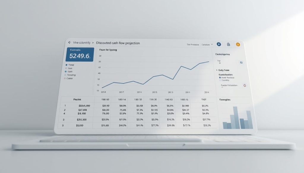 a detailed 3D render of a financial analysis dashboard showing a discounted cash flow projection, with a clean minimalist design and neutral color palette. The dashboard features a line graph charting future cash flows over time, along with key metrics and calculations displayed in a grid layout. The scene is lit by soft, directional lighting from the top left, creating subtle shadows and highlights that enhance the depth and dimensionality of the elements. The camera is positioned at a slight angle, providing an immersive, front-facing perspective of the analysis tools. The overall atmosphere conveys a sense of professionalism, precision, and financial expertise.